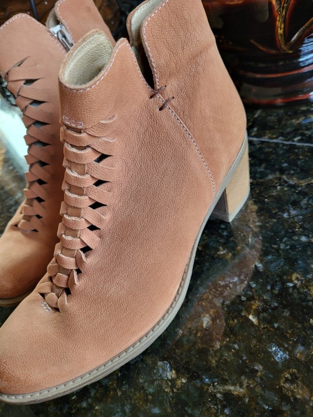 Unity in Diversity Tan Heel Woven Front Booties Size 37/6.5 - worn once!!